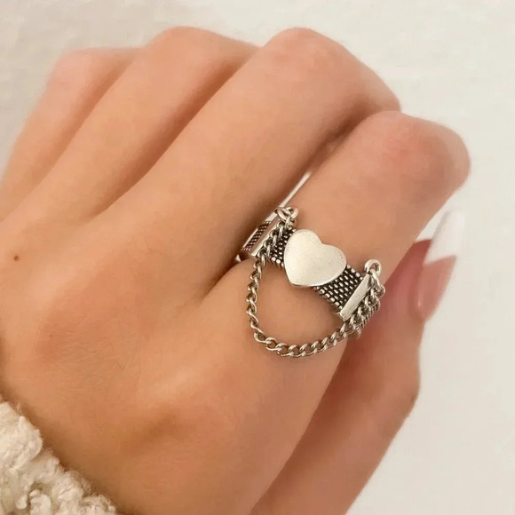 925 Sterling Silver Heart Ring Dangle Chain Ring Modern Ring Band - Picture 1 of 8